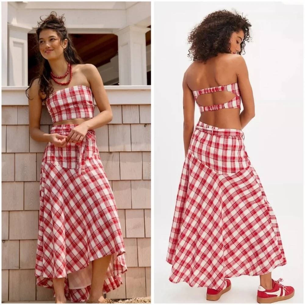 Free People Plaid Midi Skirt Women Large Red High Low Tie Waist